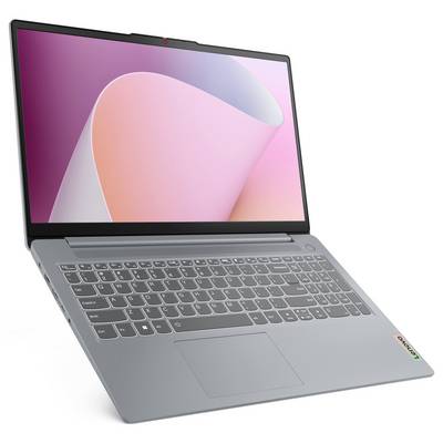 Grauer Lenovo-Laptop, geöffnet mit abstraktem rosa Hintergrundbild auf dem Bildschirm, in einem Winkel auf weißem Hintergrund gezeigt.