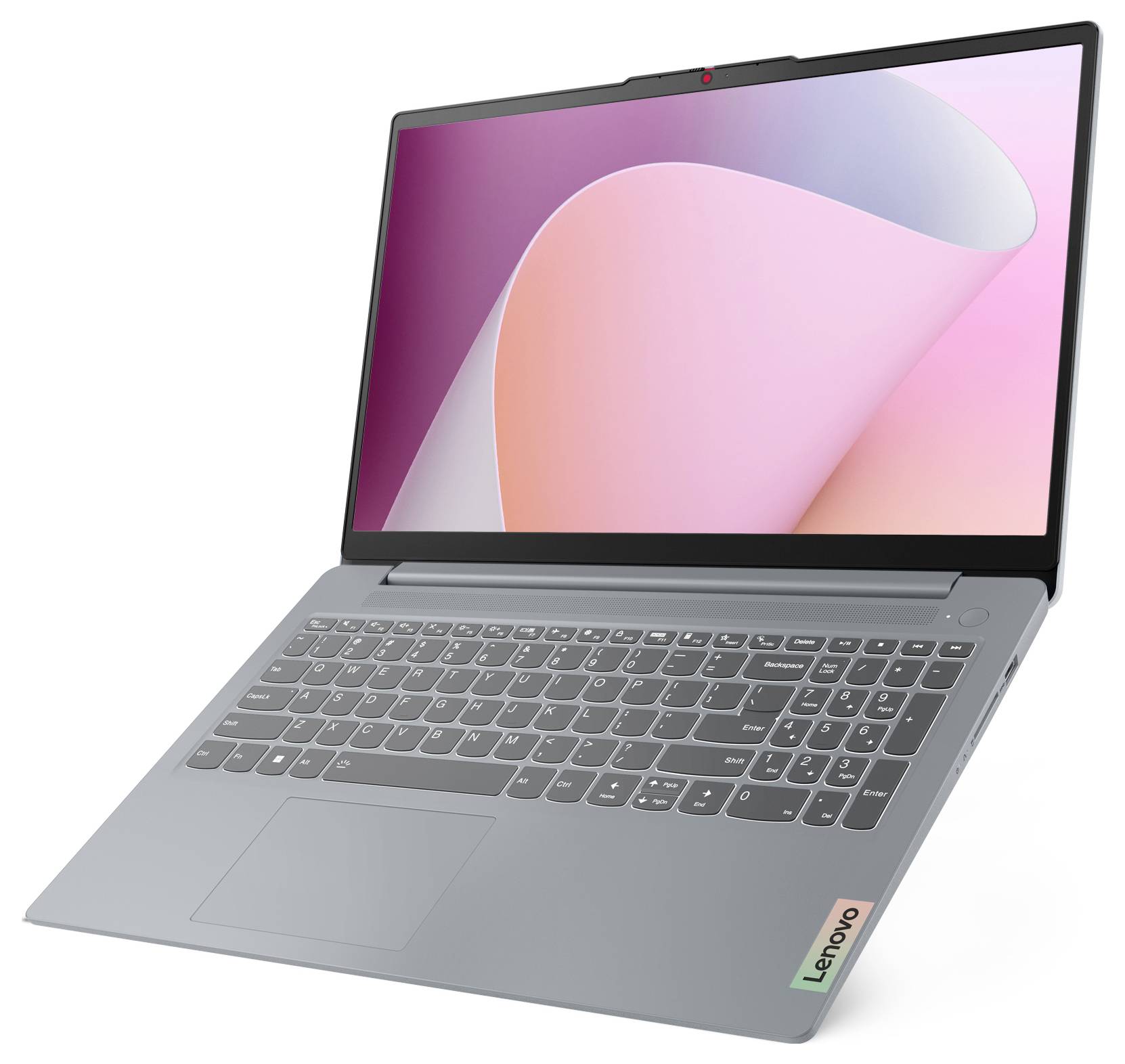 Grauer Lenovo-Laptop in einem Winkel geöffnet, auf dem Bildschirm ein rosa abstraktes Hintergrundbild sichtbar und eine vollständige Tastatur mit Trackpad auf weißem Hintergrund.
