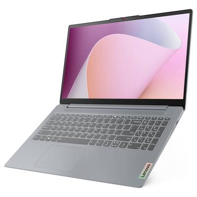 Grauer Lenovo-Laptop in einem Winkel geöffnet, auf dem Bildschirm ein rosa abstraktes Hintergrundbild sichtbar und eine vollständige Tastatur mit Trackpad auf weißem Hintergrund.