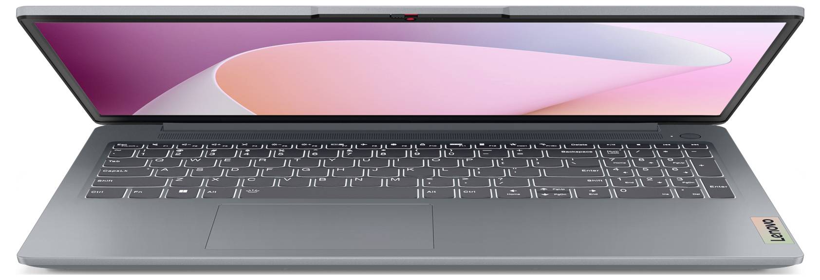 Offenes silbernes Laptop mit rosafarbenem und orangefarbenem abstraktem Hintergrundbild auf dem Bildschirm, von oben betrachtet mit sichtbarer Tastatur und Touchpad.