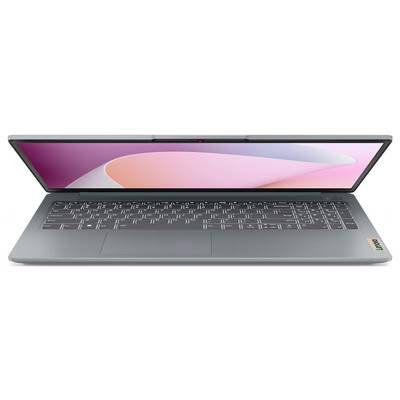 Offenes silbernes Laptop mit rosafarbenem und orangefarbenem abstraktem Hintergrundbild auf dem Bildschirm, von oben betrachtet mit sichtbarer Tastatur und Touchpad.
