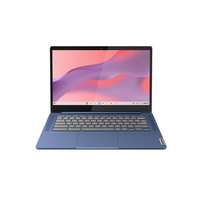 Blauer Laptop auf weißem Hintergrund offen, zeigt rosa abstrakte Tapete mit zentrierter Tastatur und Trackpad.