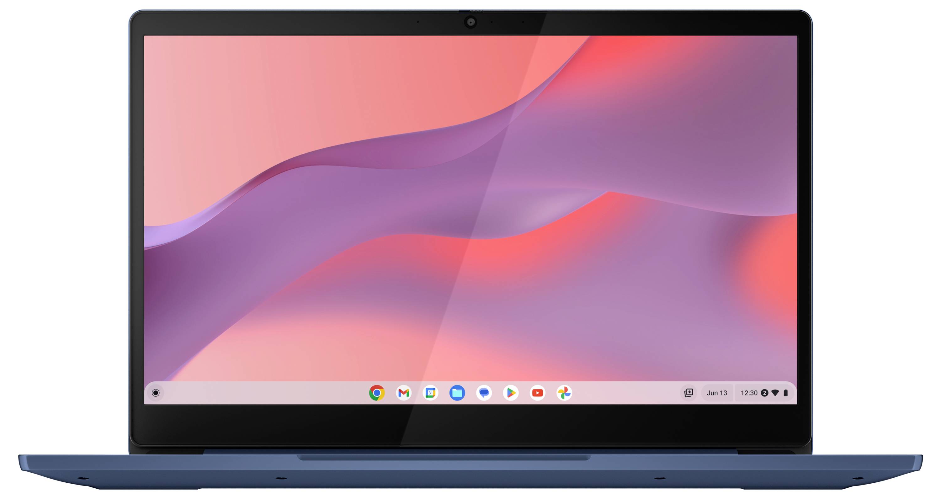 Geschlossener Laptop mit rosa-violettem abstraktem Hintergrundbild auf dem Bildschirm, mit sichtbarem Dock und Taskleiste am unteren Rand.