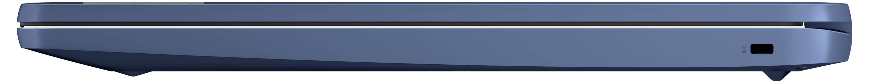 Seitenansicht eines geschlossenen blauen Laptops mit schlankem Profil und sichtbarem Seitenport.