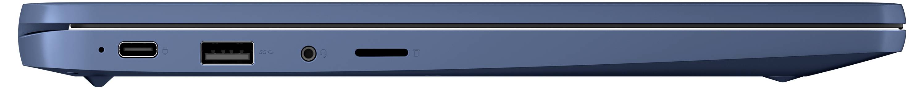 Seitenansicht einer blauen Laptop-Kante mit Anschlüssen: USB-C, USB-A, Audiobuchse und einer Lüftungsöffnung.