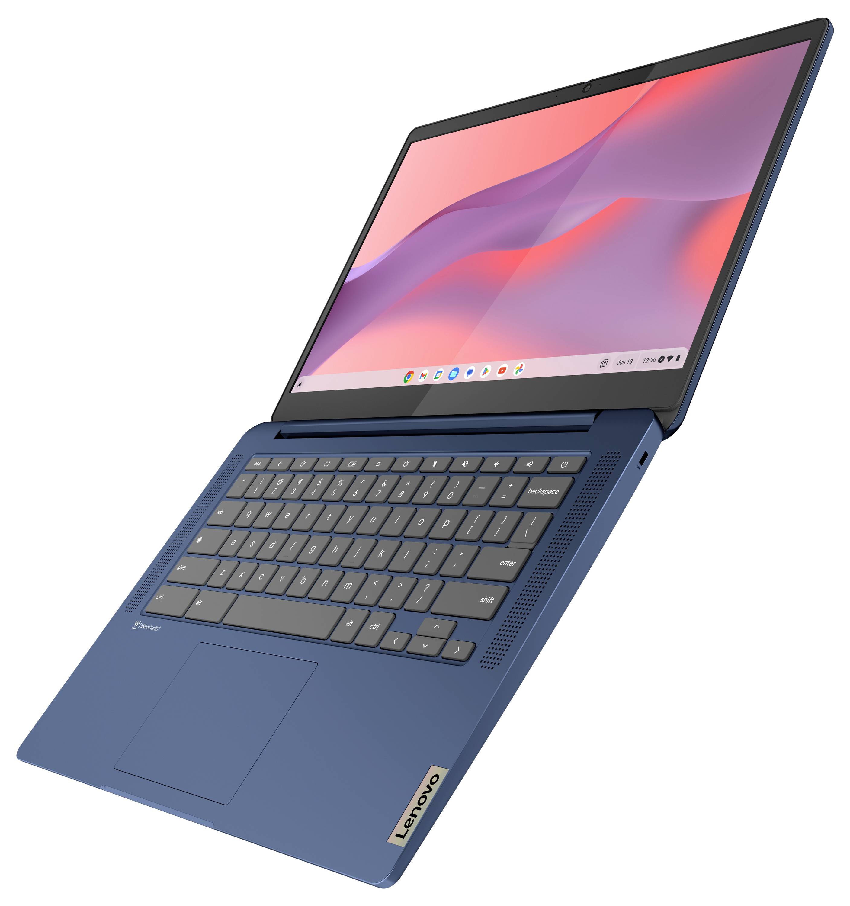 Blauer Lenovo-Laptop im Zeltmodus mit sichtbarer Tastatur und Touchpad, der einen rosa abstrakten Bildschirm auf weißem Hintergrund anzeigt.