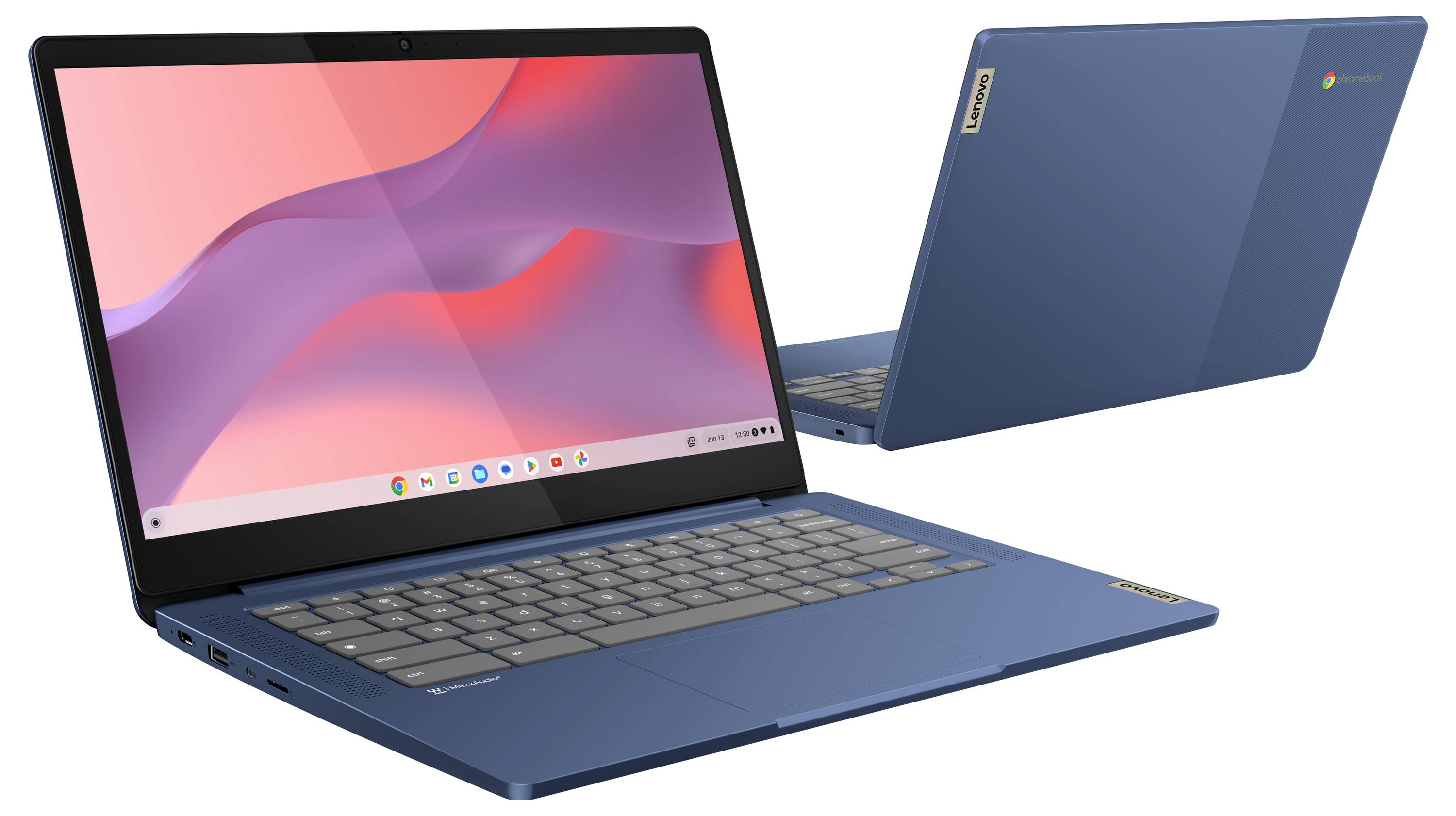 Zwei blaue Lenovo-Laptops, unter Winkeln geöffnet auf weißem Hintergrund, zeigen eine rosa abstrakte Desktop-Hintergrundgrafik an.