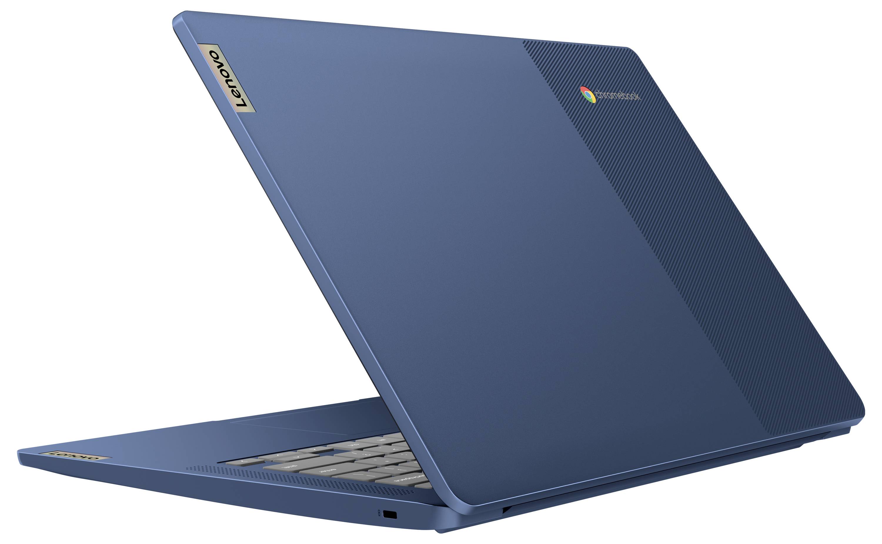 Blauer Lenovo-Laptop in Seitenansicht geöffnet, mit Chromebook-Branding auf dem Deckel und teilweise sichtbarer Tastatur.