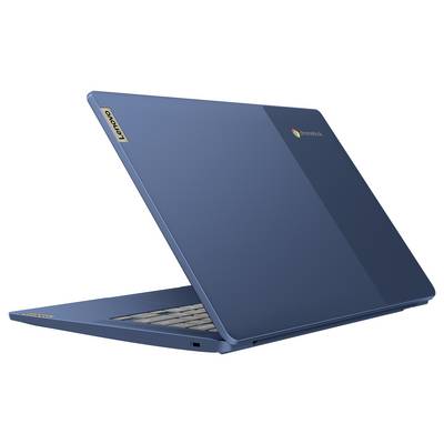 Blauer Lenovo-Laptop in Seitenansicht geöffnet, mit Chromebook-Branding auf dem Deckel und teilweise sichtbarer Tastatur.