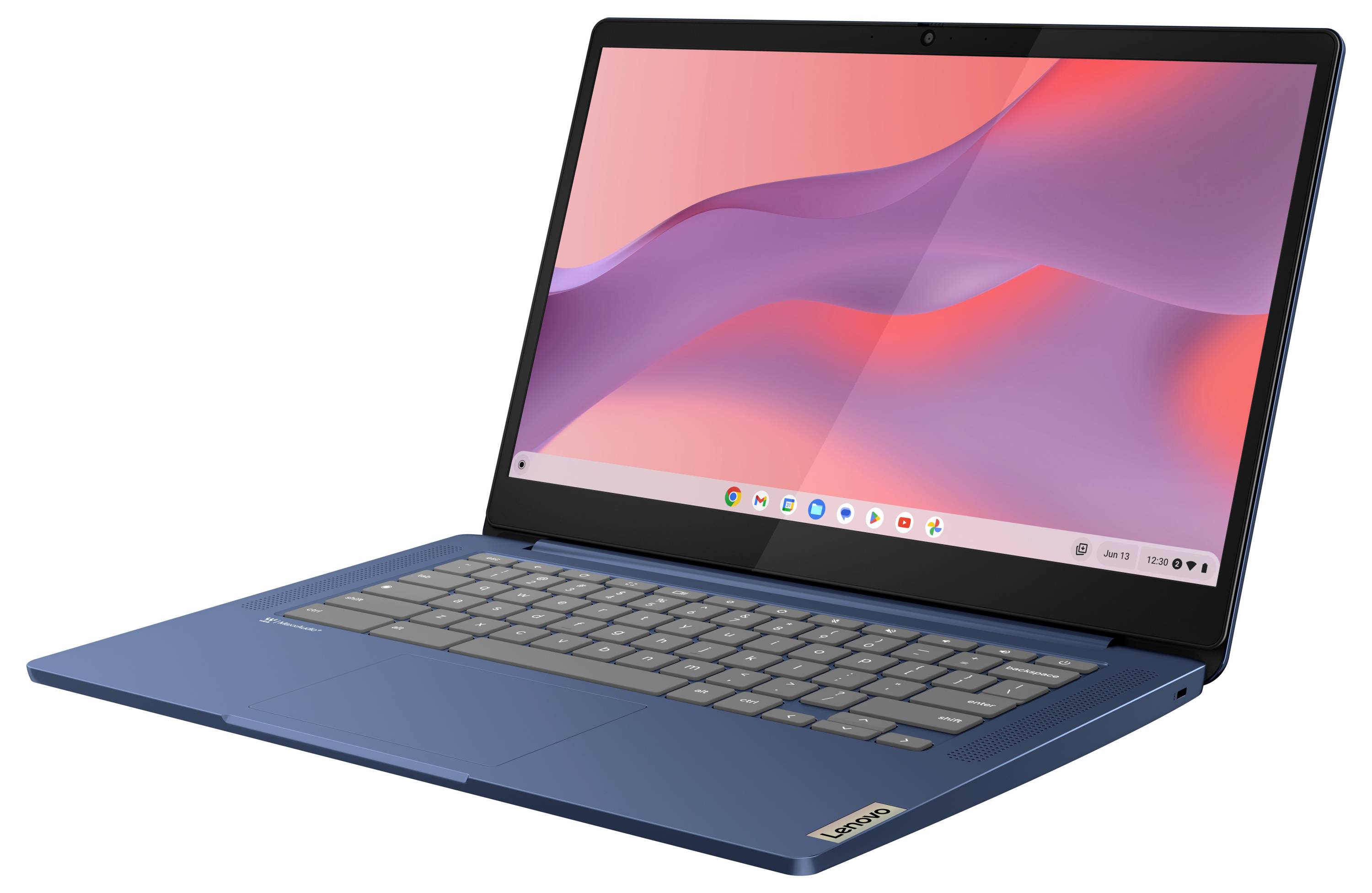 Ein blauer Lenovo-Laptop auf weißem Hintergrund geöffnet, auf dem Bildschirm wird eine rosa abstrakte Tapete angezeigt.