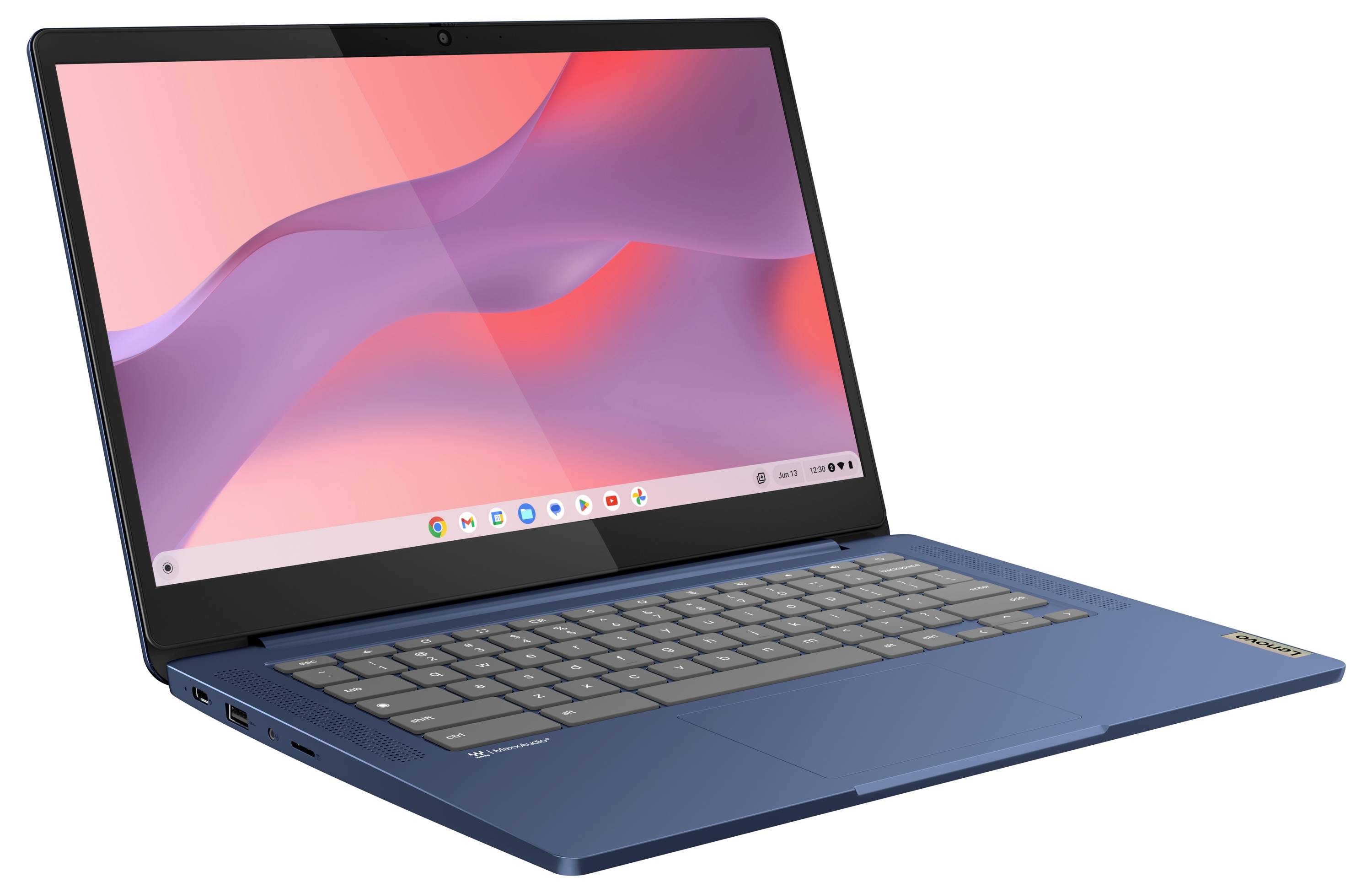 Blauer Laptop auf weißem Hintergrund, mit rosa abstraktem Desktop-Hintergrundbild und zentrierter Taskleiste auf dem Bildschirm.