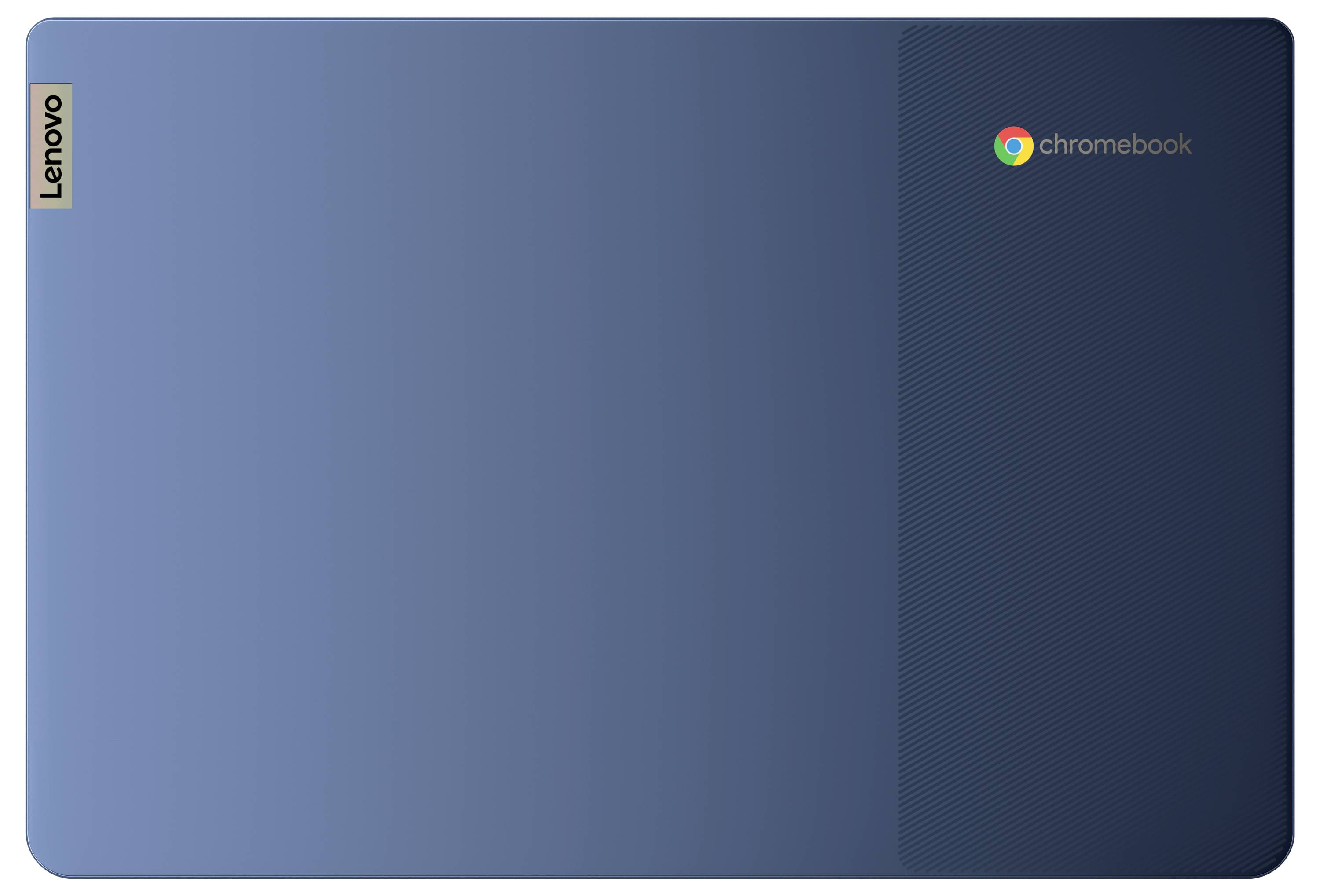 Geschlossenes blaues Lenovo Chromebook-Laptop mit Lenovo-Branding auf der linken Seite und Chromebook-Logo auf der rechten Seite.