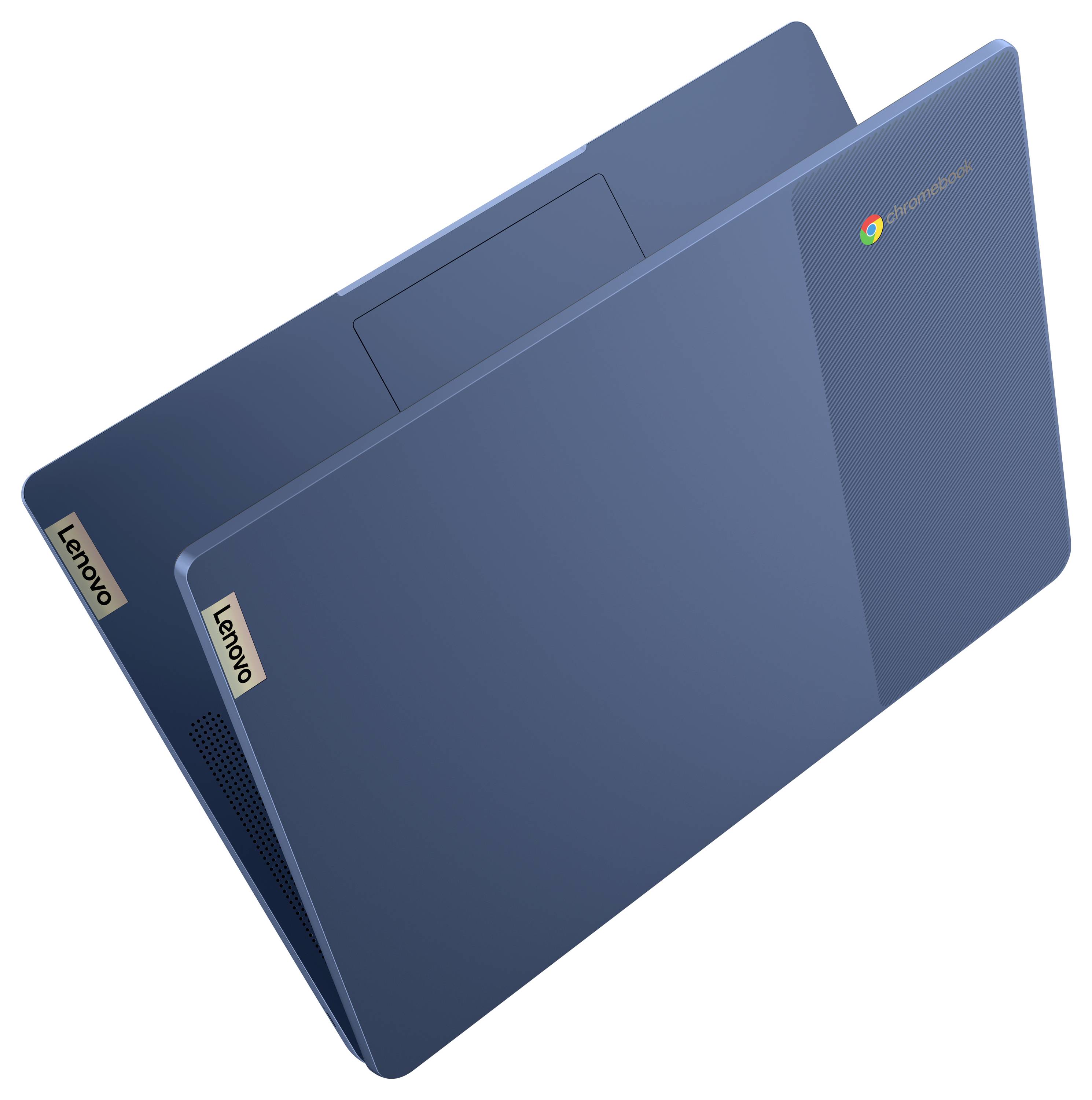 Zwei blaue Lenovo-Laptops diagonal übereinander gestapelt, zeigen geschlossene Deckel mit Lenovo- und Chromebook-Logos.