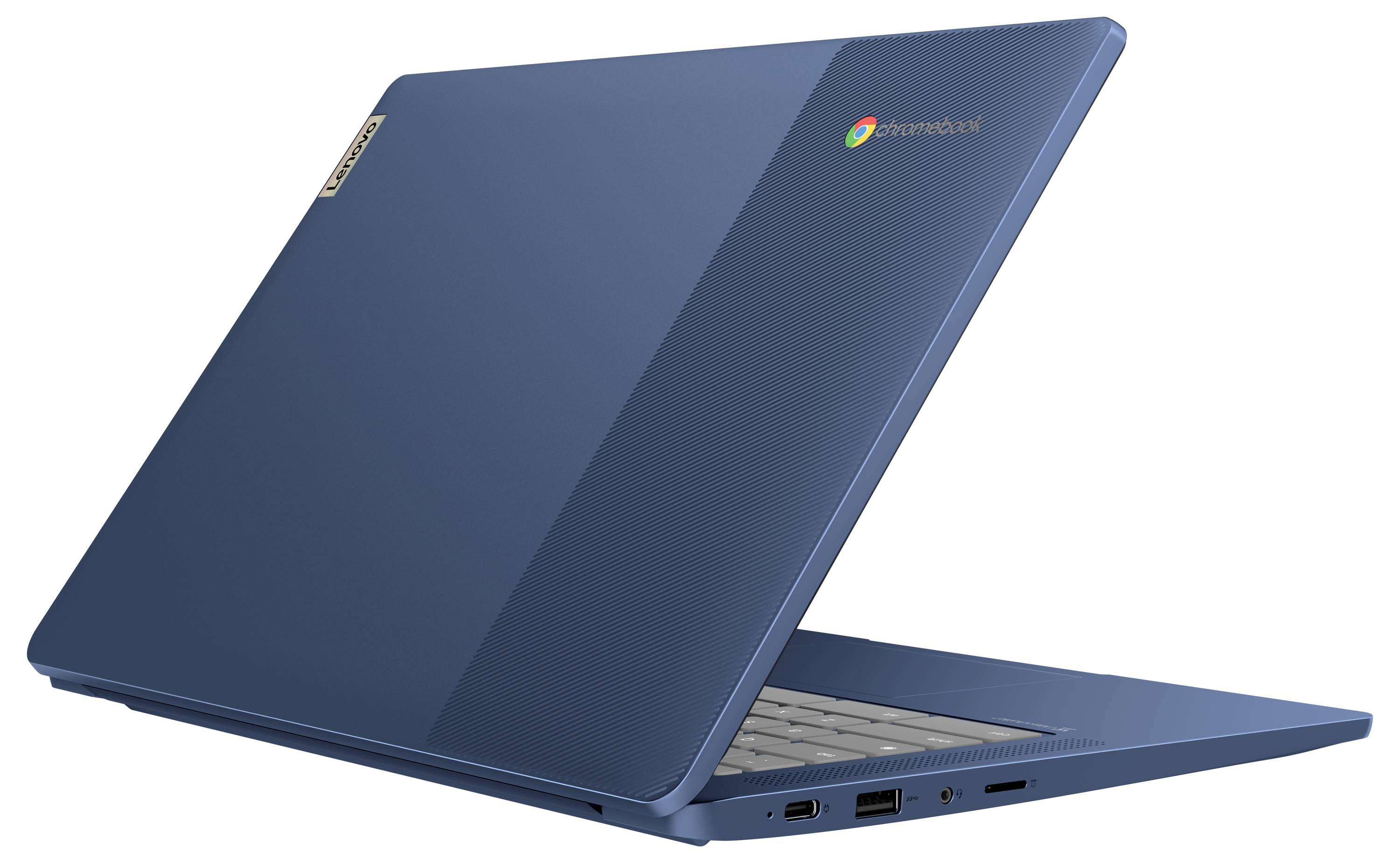 Blauer Laptop, teilweise geöffnet, mit einfacher Produktansicht auf weißem Hintergrund.