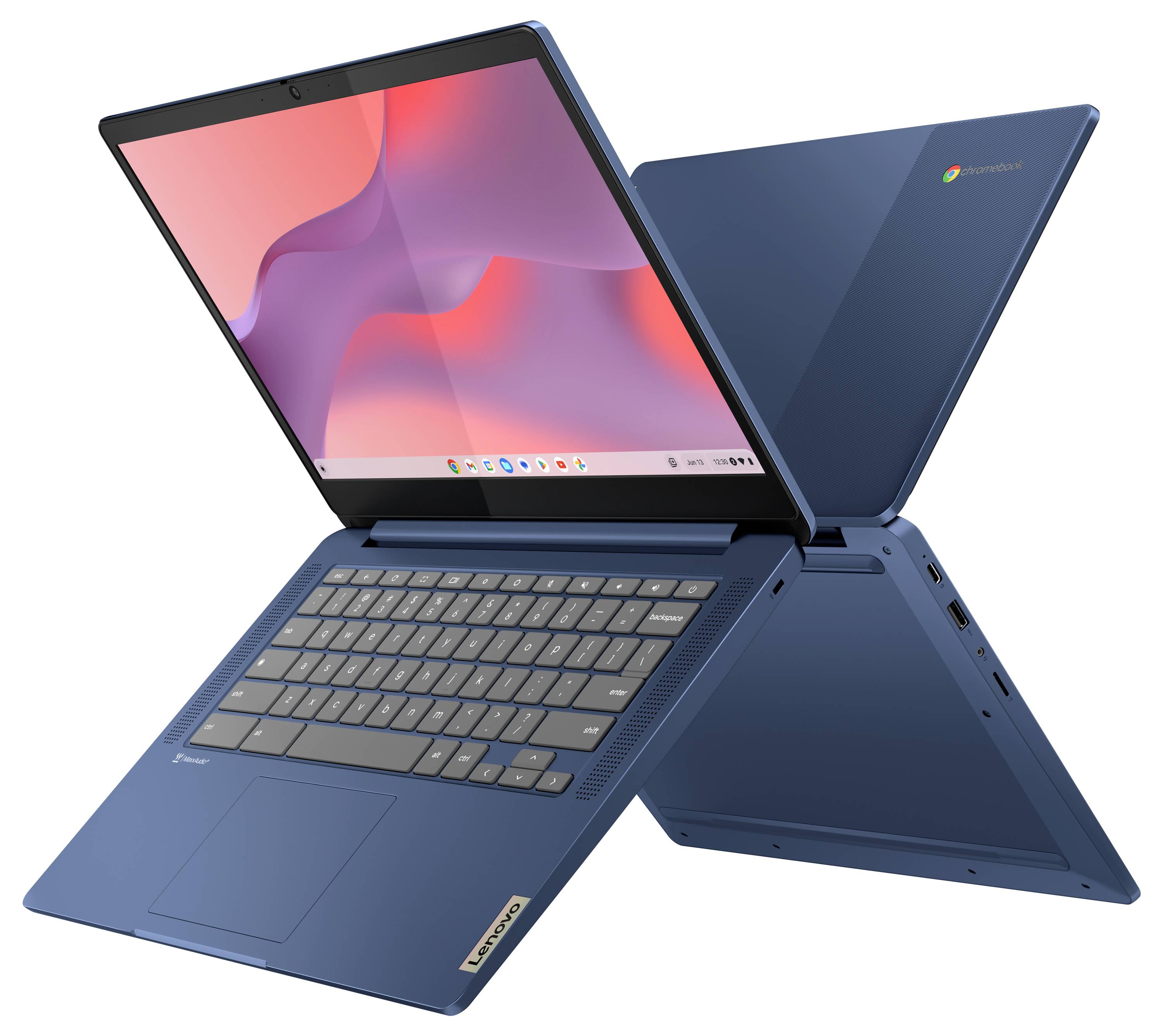Blauer Lenovo-Laptop, der offen in Zeltposition gezeigt wird, mit rosa abstraktem Desktop-Bildschirm und vollständiger Tastatur