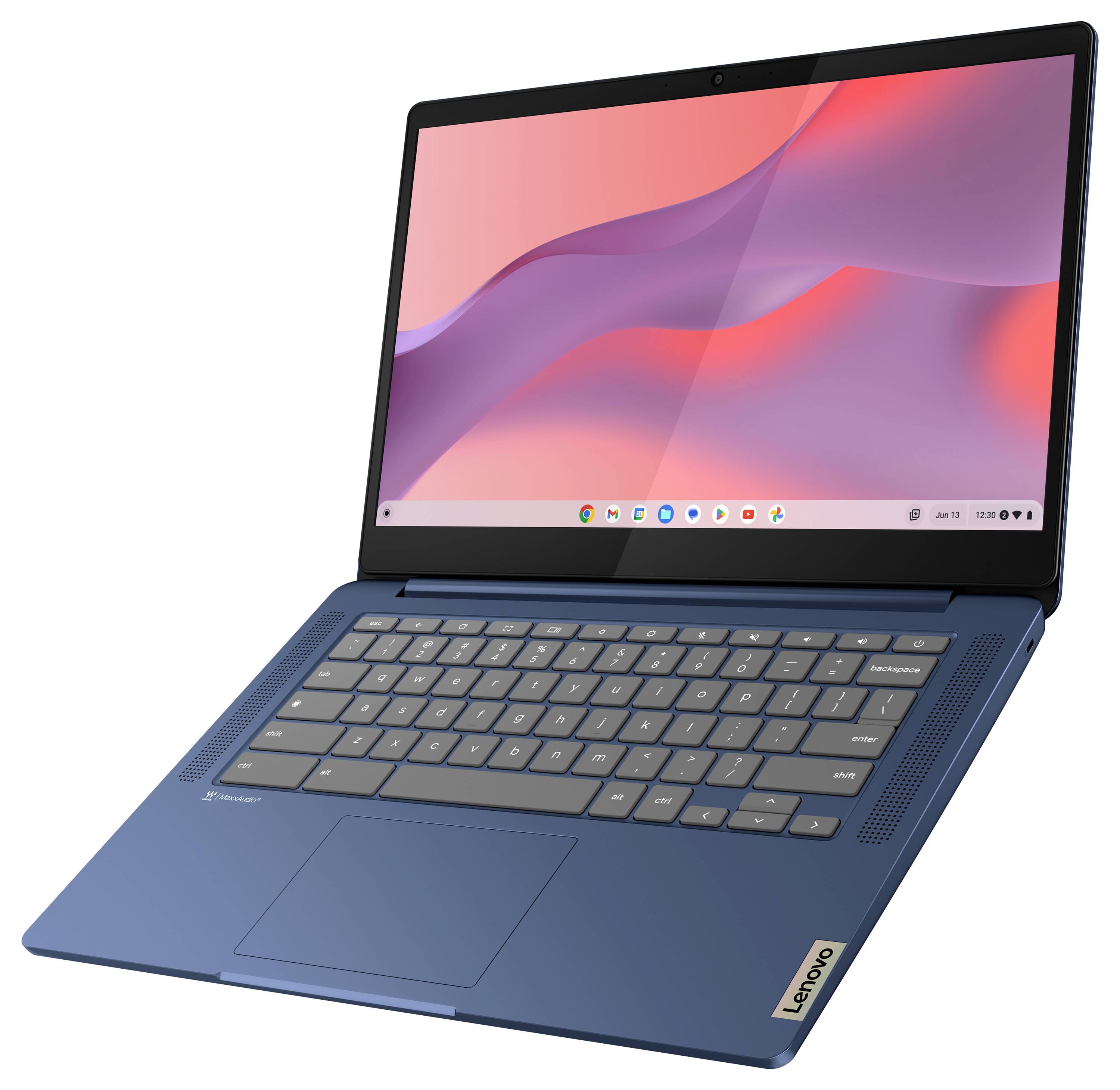 Ein blauer Lenovo-Laptop, der in einem Winkel geöffnet ist und ein farbenfrohen Desktop-Hintergrund sowie eine Tastatur mit Touchpad zeigt.