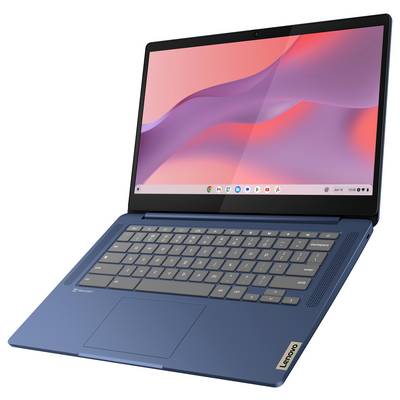 Ein blauer Lenovo-Laptop, der in einem Winkel geöffnet ist und ein farbenfrohen Desktop-Hintergrund sowie eine Tastatur mit Touchpad zeigt.