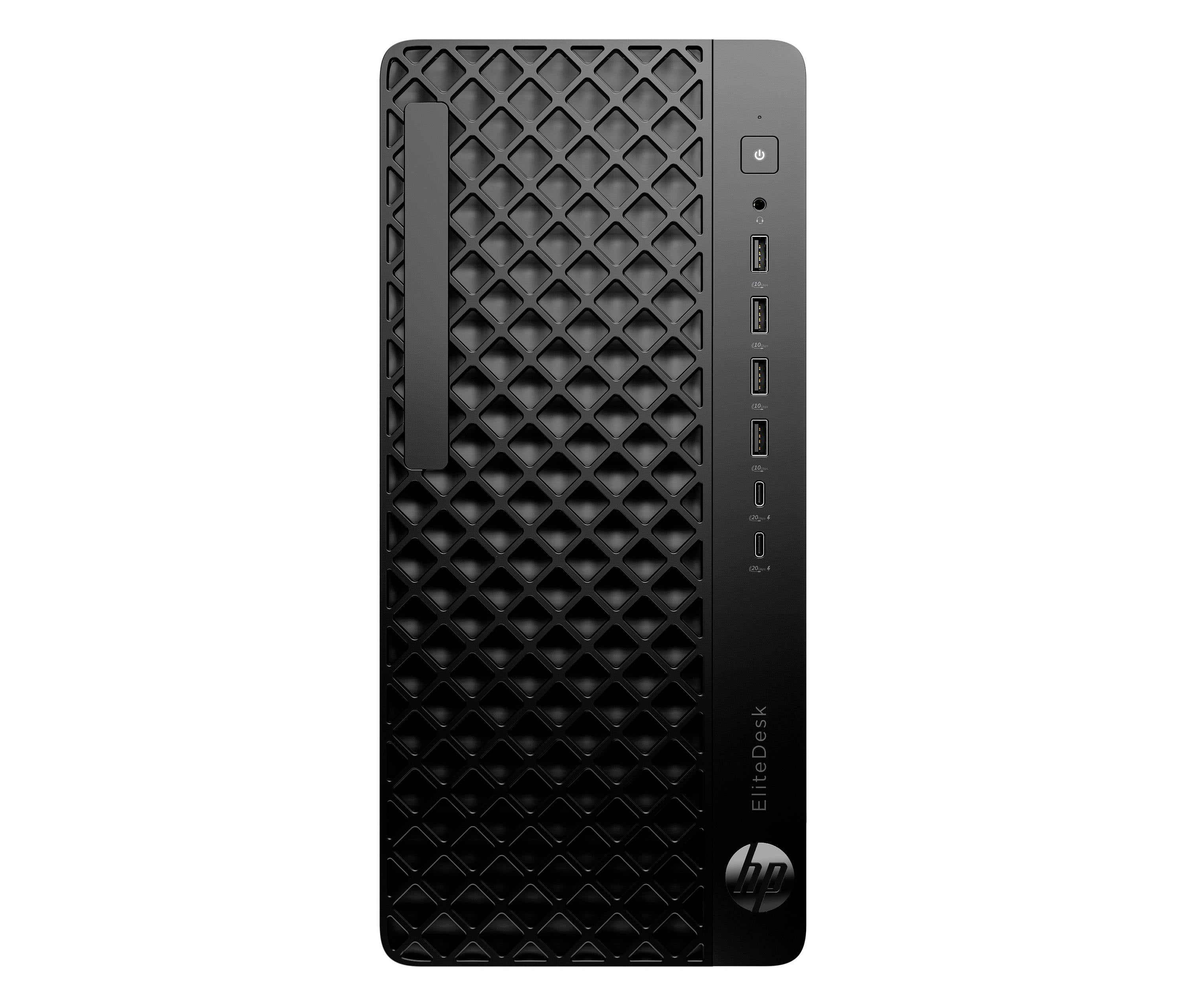 Vorderansicht eines schwarzen HP EliteDesk Desktop-Towers mit strukturiertem Rautenmuster-Lüftungsgitter, Netzschalter, USB-Anschlüssen und HP-Logo.