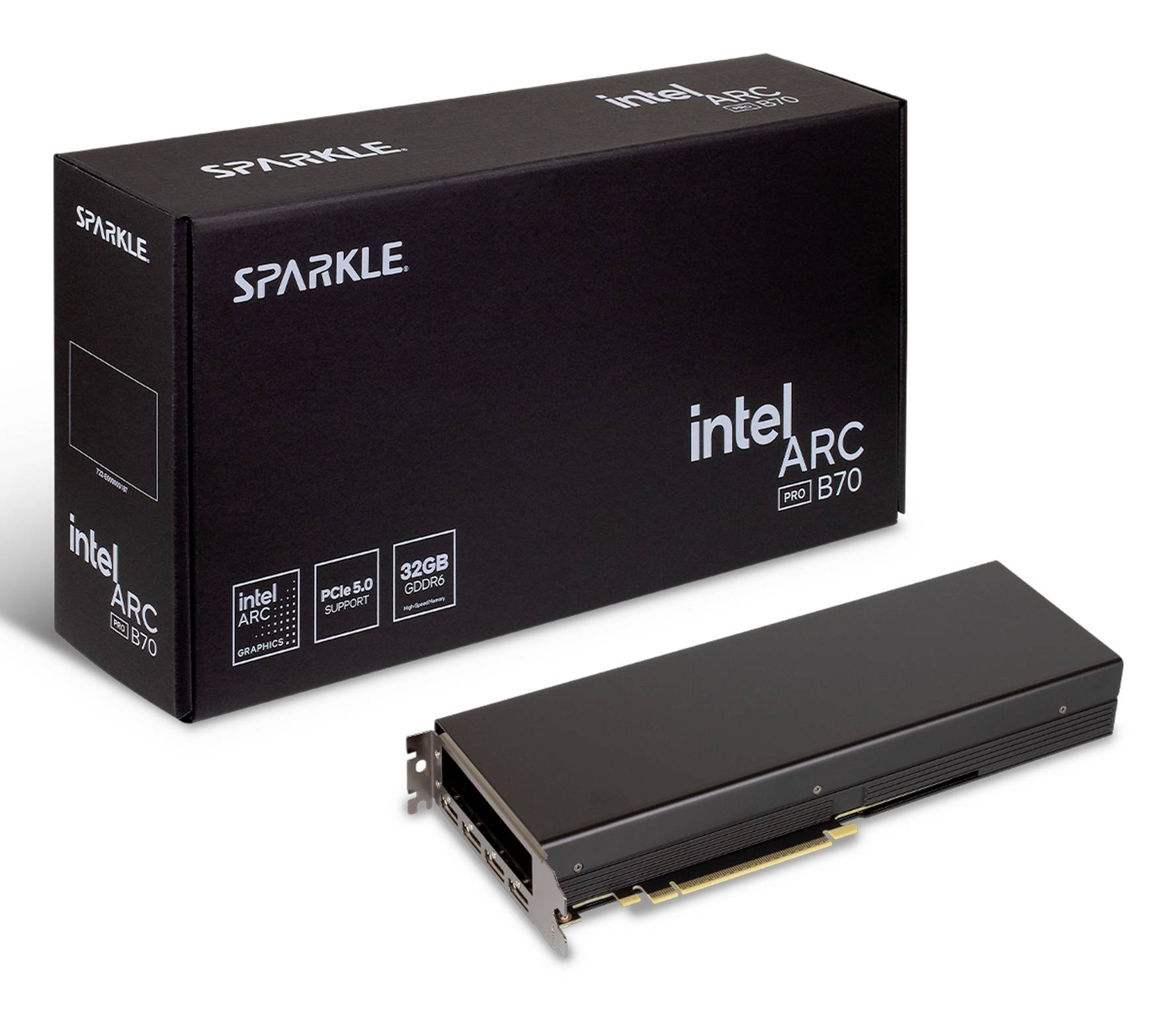 SPARKLE Intel Arc Pro B70 Grafikkarte mit ihrer Einzelhandelsverpackung und der Karte selbst auf weißem Hintergrund dargestellt.