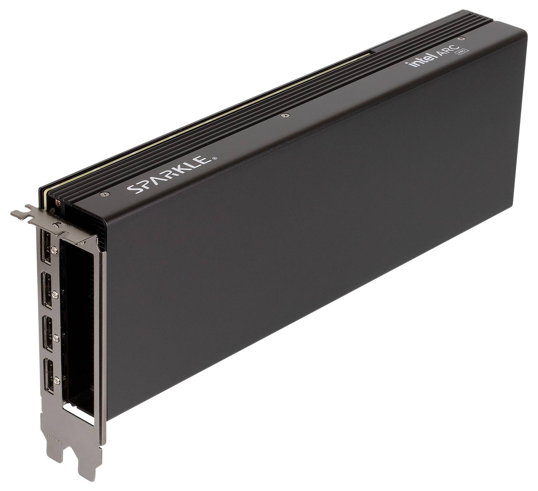 Schwarze Sparkle Intel ARC Grafikkarte mit PCIe-Halterung und mehreren Display-Anschlüssen, gezeigt vor weißem Hintergrund.
