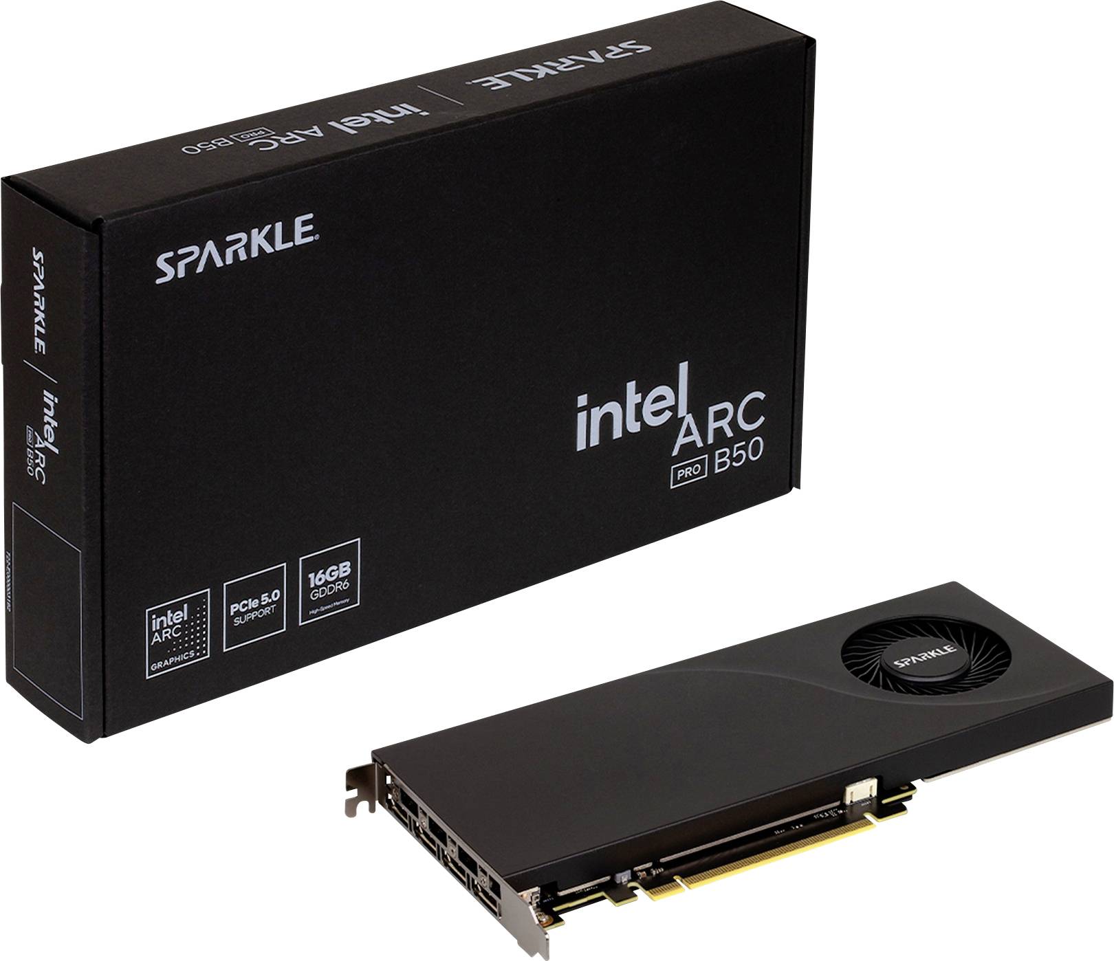 Sparkle Intel Arc Pro B50 Grafikkarte Box und die flache schwarze GPU mit Kühlungslüfter, gezeigt vor weißem Hintergrund.