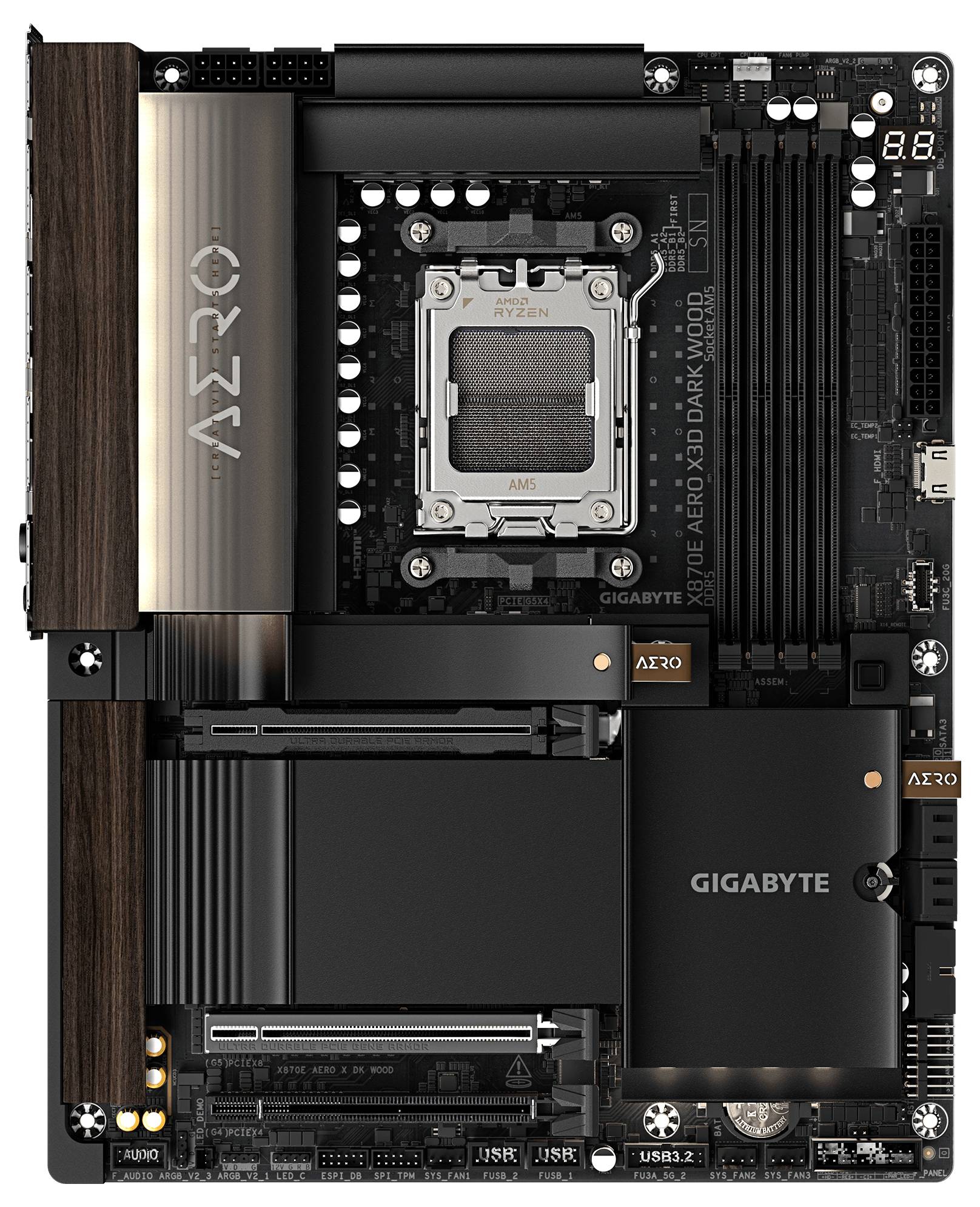 Gigabyte AERO Motherboard mit AMD Ryzen AM5 CPU-Sockel, vier RAM-Steckplätzen, PCIe-Steckplätzen, M.2-Kühlkörpern und hinteren E/A-Anschlüssen.