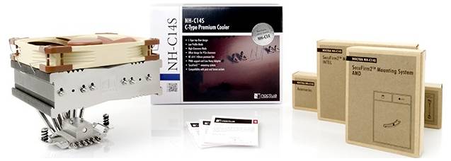 Produktverpackungsbild mit einem NH-C14S CPU-Kühlerset, wobei der Kühler und Lüfter, Karton, Montagezubehör und Bedienungsanleitungen auf weißem Hintergrund angezeigt werden.