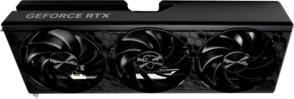 Grafikkarte mit der Bezeichnung „GEFORCE RTX" mit drei großen Kühlventilatoren auf einem schwarzen Kühlkörper, gezeigt auf weißem Hintergrund.