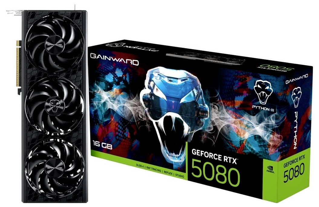 Gainward GeForce RTX 5080 Python II Grafikkarte mit Triple-Fan-Kühler, dargestellt neben ihrer Einzelhandelsverpackung mit der Bezeichnung 16 GB und „GEFORCE RTX 5080".