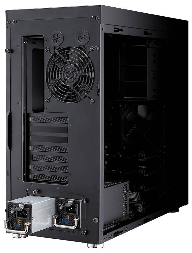 Schwarze Computertowergehäuse-Beschreibung im offenen/teilweise zusammengebauten Zustand, mit sichtbarem Hinterlüfter, Erweiterungssteckplätzen und zwei sichtbaren Stromversorgungseinheiten.