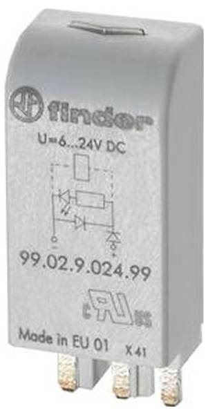 Ein Finder-Elektrisches Relaismodul mit der Bezeichnung „U=6..24V DC" mit gedrucktem Schaltplan und Teilenummer 99.02.9.024.99.