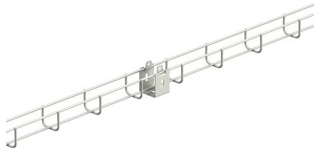 Metallisches Kabelrinnen-System mit einer zentralen Befestigungshalterung, diagonal auf weißem Hintergrund dargestellt.