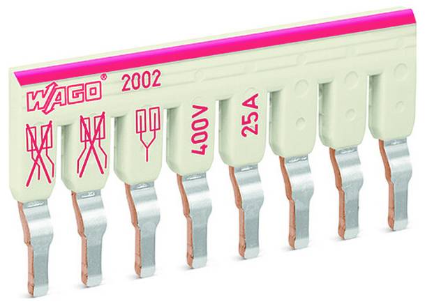 WAGO 2002 Klemmenleiste mit acht weißen Elektrosteckern mit der Kennzeichnung 400V und 25A, gezeigt mit Metallkontakten und orangefarbenen Drahthalterungsclips.