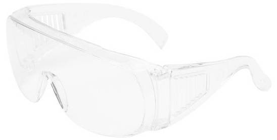 Transparente Schutzbrille mit Rundum-Gläsern und Seitenbügeln auf weißem Hintergrund.