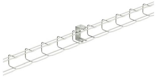 Ein silbernes Metallkabeltablett oder Kabelrinne mit einer zentralen Befestigungshalterung, diagonal auf weißem Hintergrund dargestellt.