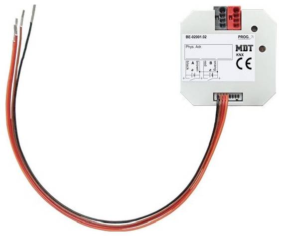 KNX MDT-Modul mit roten und schwarzen Kabeln, gezeigt auf weißem Hintergrund.