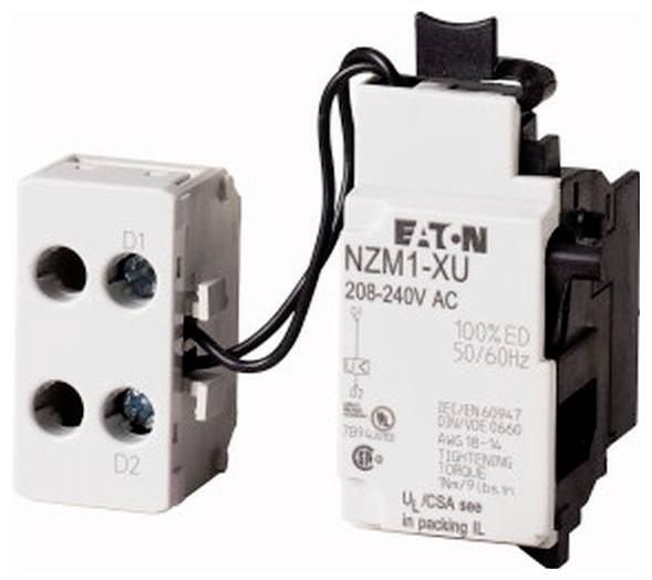 Eaton NZM1-XU 208-240V AC Zubehörmodul, das über ein Kabel mit einem kleinen Doppelklemmenblock verbunden ist.