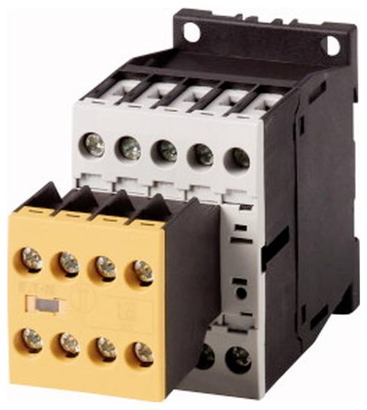 Elektromagnetisches Relaismodul mit Schraubklemmen, gezeigt in einem schwarz-grauen Gehäuse mit orangefarbenem Frontstecker.