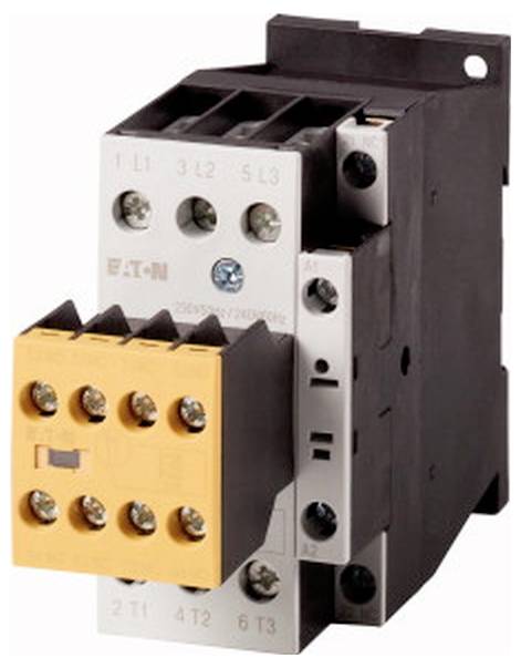 Eaton-Elektrokontaktor mit orangefarbigem Frontklemmenblock und schwarzem Gehäuse, dargestellt auf weißem Hintergrund.