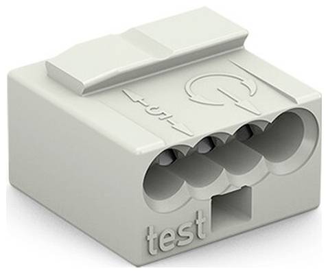 Grauer Elektrostecker mit drei runden Anschlüssen und geprägten Beschriftungen "input" und "test".