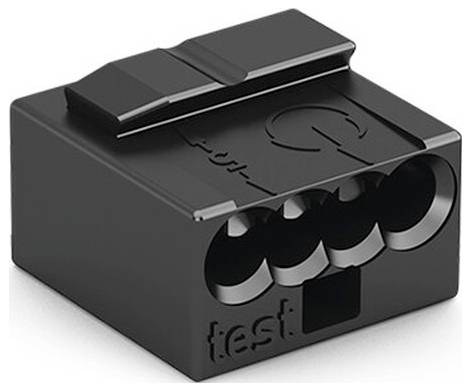 Schwarzer Kunststoff-Stecker mit drei runden Anschlüssen an der Vorderseite, einer Verriegelung oben und einer geprägten Beschriftung "Test".