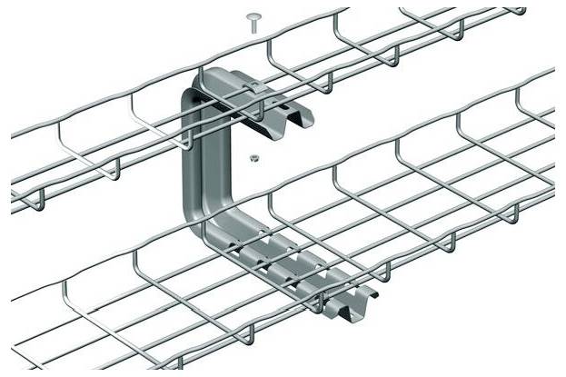 Metallischer Draht-Kabelrinnen-Verbindungsbügel zur Verbindung von zwei horizontalen Kabelrinnen im rechten Winkel, dargestellt in einer technischen Produktansicht.