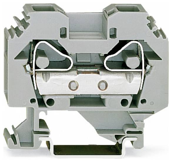 Querschnitt eines grauen Elektroklemmenblocks mit internen Metallfedern-Kontakten und Draht-Klemmkanälen.