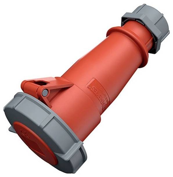 Roter Industrie-Elektrostecker und Steckverbinder mit grauen Verschlusskappen, dargestellt vor weißem Hintergrund.