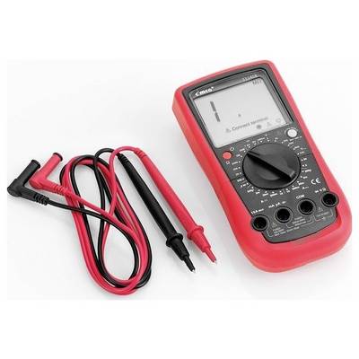 Digitales Multimeter mit roten und schwarzen Messleitungen auf weißem Hintergrund, wobei auf dem Display ein Niedrigbatterie-Indikator angezeigt wird.