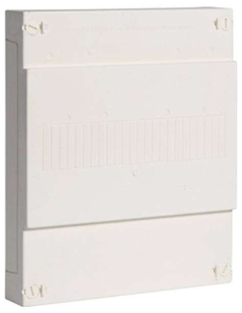 Weiße Verteilerplatte für elektrische Installationen mit aufklappbarem Frontdeckel und Befestigungslöchern.