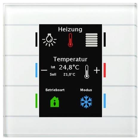Wandthermostat-Display zeigt „Heizung" mit aktueller Temperatur 24,8°C und Zieltemperatur 21,0°C sowie Heiz-/Modussymbole.