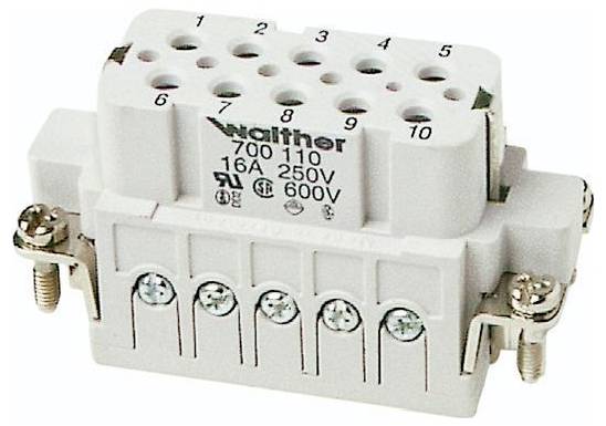 Nahaufnahme eines rechteckigen weißen Elektroanschlussblocks mit nummerierten Stiftlöchern 1–10 und metallischen Seitenschrauben.
