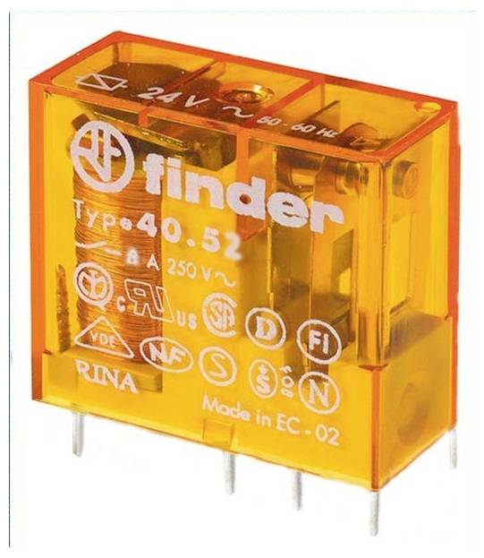 Orange Finder-Elektrorelais mit Bezeichnung 'Typ 40.52', '24V' und '8A 250V~', mit mehreren Metallstiften zur Schaltmontage.
