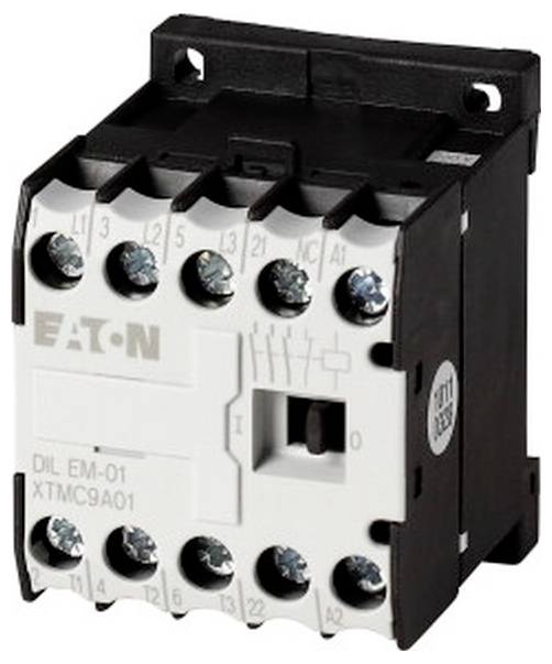 Eaton Schütz-Relaismodul für Elektroinstallationen mit Schraubklemmen und Frontschalter, gezeigt in einem Produktfoto auf weißem Hintergrund.